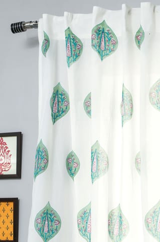 SootiSyahi 'Green Palm' Handblock Printed Cotton Window Curtain