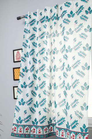 SootiSyahi 'Glow of Leaves' Handblock Printed Cotton Window Curtain