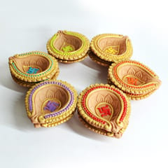 CRAFTLIPI-Colourful Motiff Diya (Design3) : Diwali Special - Set Of 12 Diyas & Cotton Wicks