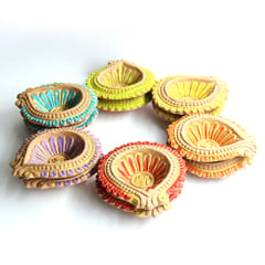 CRAFTLIPI-Colourful Motiff Diya (Design2) : Diwali Special - Set Of 12 Diyas & Cotton Wicks