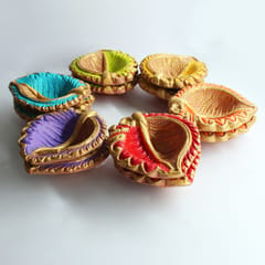 CRAFTLIPI-Colourful Motiff Diya (Design1) : Diwali Special - Set Of 12 Diyas & Cotton Wicks