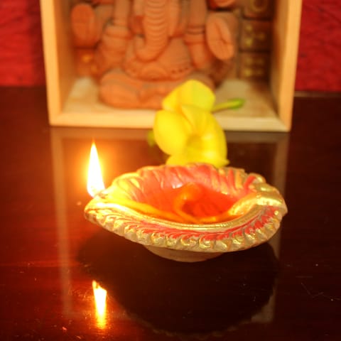 CRAFTLIPI-Colourful Motiff Diya (Design1) : Diwali Special - Set Of 12 Diyas & Cotton Wicks
