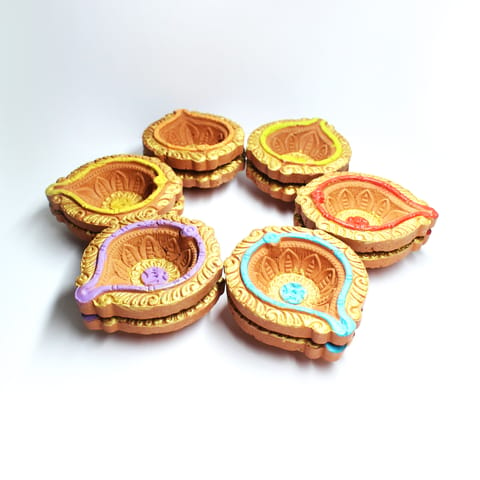 CRAFTLIPI-Golden Ring Motiff Diya (Bankura2) : Diwali Special - Set Of 12 Diyas & Cotton Wicks