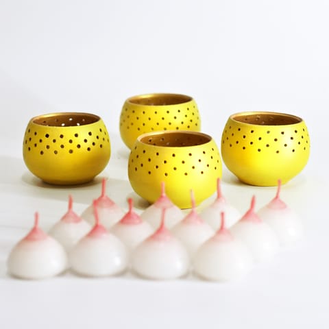 CRAFTLIPI-"DOME" Tealight Holders :  Yellow  Set of 4 + HD candles complementry
