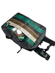 Jaggery Bags-Heryana Frontpack in Green Ex-Cargo Belts and Rescued Car Seat Belts [15" Laptop Bag]