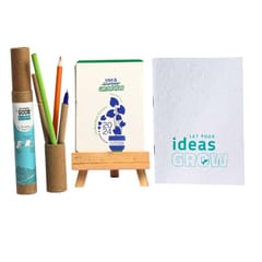 bioQ Plantable Calendar 2025 Stationery Kit Combo  | 2 Seed Pen + 2 seed Pencil in a Box + 1 hand-made seed-paper notepad +1 Wooden Stand Calendar Set | Eco-Friendly Cotton Bag Packaging | Grow Plants from Notepads Pens & Pencils and Calendar