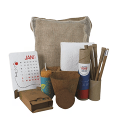 bioQ JUTE POUCH SQUARE - Mega Size (10‚10‚) Eco-Friendly Plan Table with 3‚Coco Pot + Peat, Anti-Plastic Plantable Pen Set (5pc), Cork Organizer, Plantable Calendar, Playing Cards, Diary & Beeswax Candle (3‚)