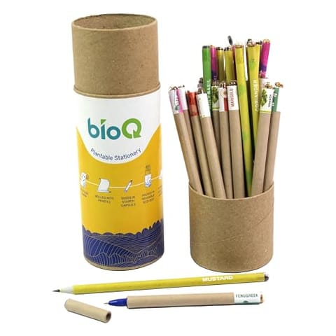 bioQ Plantable Eco Pen Pencil Combo (pack of 20+20) | Eco Friendly Recycled Paper Packaging | Grow Plants From Pens & Pencils | 100% Bio-degradable