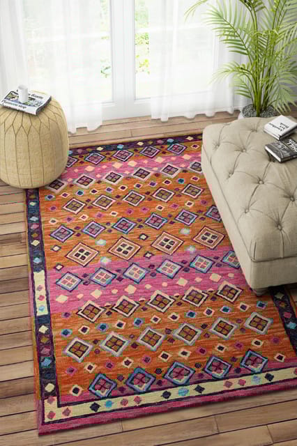 IMPERIAL KNOTS PINK AND ORANGE SUZANI HAND TUFTED CARPET 5X8 FEET