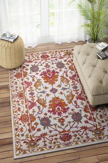 IMPERIAL KNOTS IVORY AND PINK SUZANI HAND TUFTED CARPET 4X6 FEET
