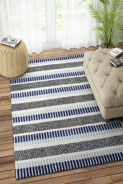 IMPERIAL KNOTS IVORY AND BLUE STRIPES HAND TUFTED CARPET 5X8 FEET
