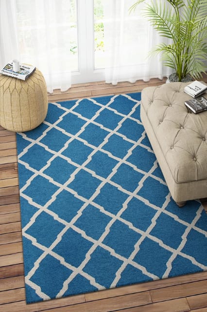 IMPERIAL KNOTS TEAL IVORY MOROCCAN HAND TUFTED CARPET 4X6 FEET