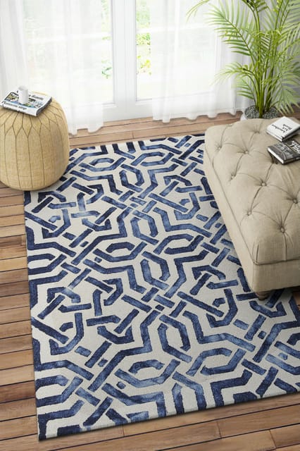 IMPERIAL KNOTS BLUE DIP DYED HAND TRELLIS TUFTED CARPET 4.6X7.6 FEET