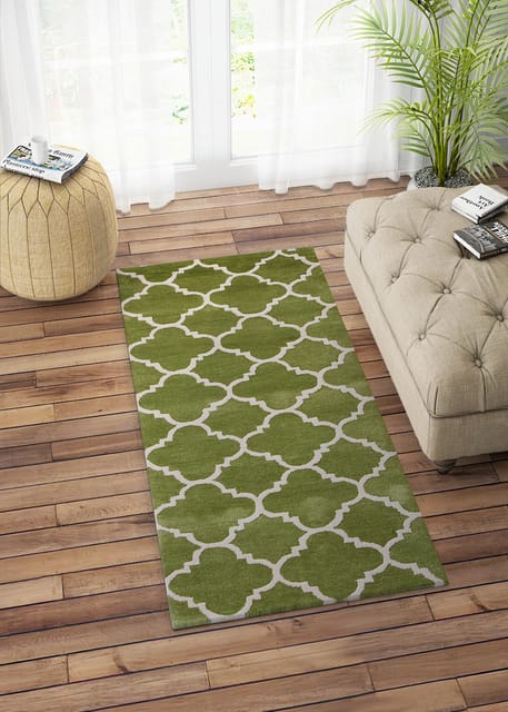 IMPERIAL KNOTS GREEN IVORY MOROCCAN MODERN HAND TUFTED CARPET 2.6X6 FEET