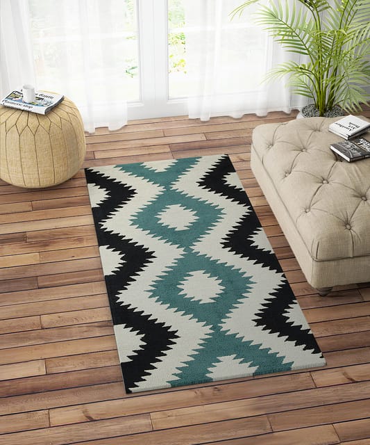 IMPERIAL KNOTS BLUE AZTEC HAND TUFTED CARPET 2.6X6 FEET