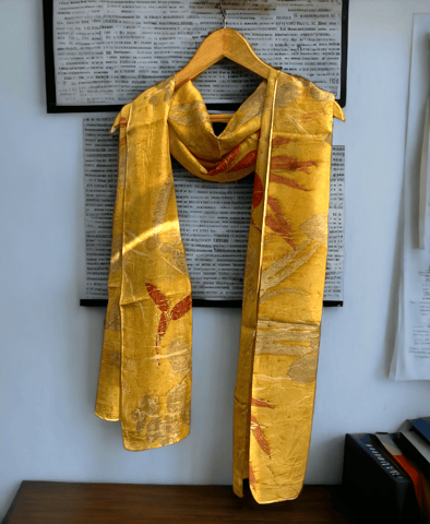 Kokikar - Pure Silk Scarf in Marigold with Eucalyptus| 100% Pure Silk | Sustainable Clothing | All Season Scarf for Women and Girls | Skin Safe Clothing | Plant Dyed Premium Quality | No chemical Eco-printed| Hand Made Craft | Made in India