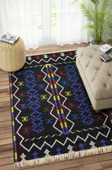 IMPERIAL KNOTS BLACK BLUE KILIM HAND WOVEN DHURRIE 5X8 FEET