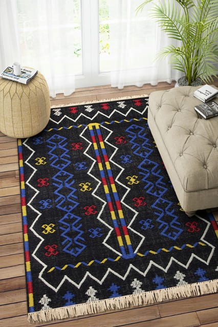 IMPERIAL KNOTS BLACK BLUE KILIM HAND WOVEN DHURRIE 5X8 FEET