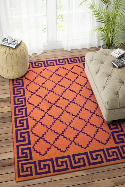 IMPERIAL KNOTS ORANGE AND BLUE GREEK KEY HAND WOVEN DHURRIE 5X8 FEET