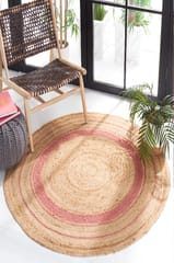 IMPERIAL KNOTS PINK AND NATURAL ROUND JUTE HAND WOVEN DHURRIE 5X5 FEET