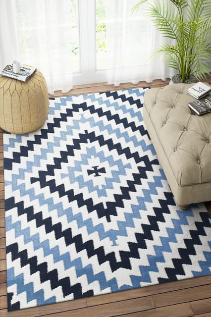 IMPERIAL KNOTS IVORY BLUE AZTEC HAND WOVEN KILIM DHURRIE 4X6 FEET