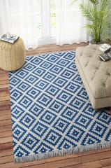 IMPERIAL KNOTS NAVY BLUE IVORY PIXEL KILIM HAND WOVEN DHURRIE 4X5.6 FEET