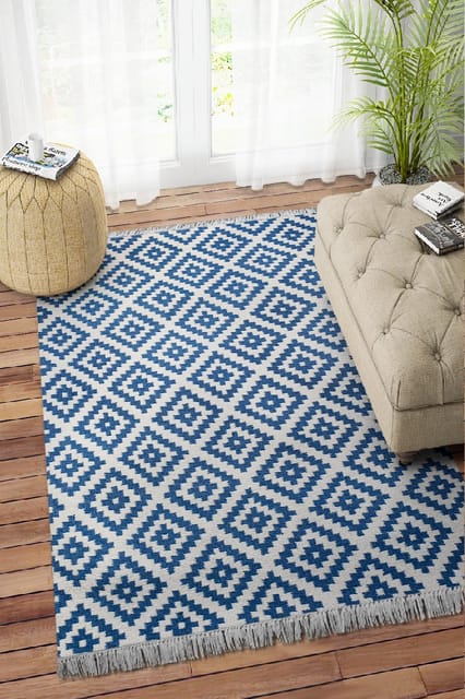 IMPERIAL KNOTS NAVY BLUE IVORY PIXEL KILIM HAND WOVEN DHURRIE 4X5.6 FEET