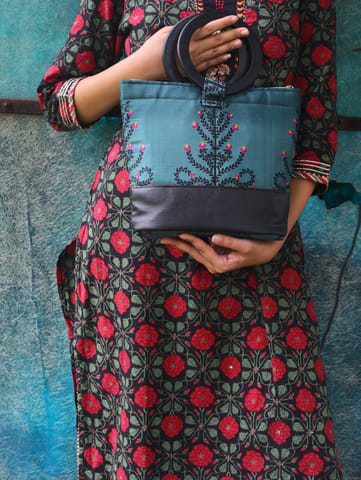 Draupadi -Blue Floral Leather Woodcraft Clutch