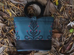 Draupadi -Blue Floral Leather Woodcraft Clutch