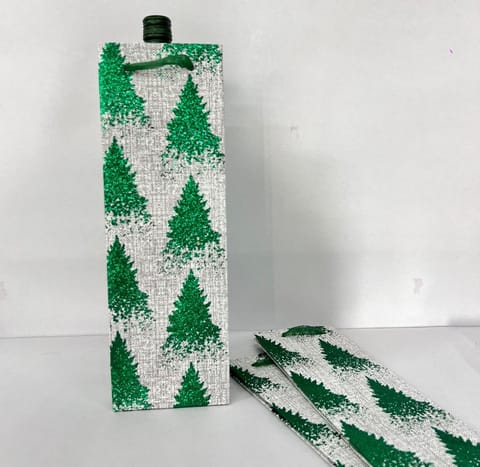 PaperMe - Green Glitter Tree S/3 Wine Bag