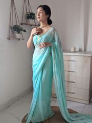 Dira By Dimple - Soft Cyan (Handblock Chiffon Saree)