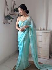 Dira By Dimple - Soft Cyan (Handblock Chiffon Saree)