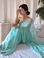 Dira By Dimple - Soft Cyan (Handblock Chiffon Saree)
