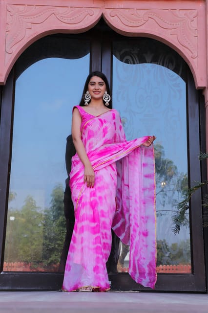 Dira By Dimple - Pink Chiffon Saree with Zari Border