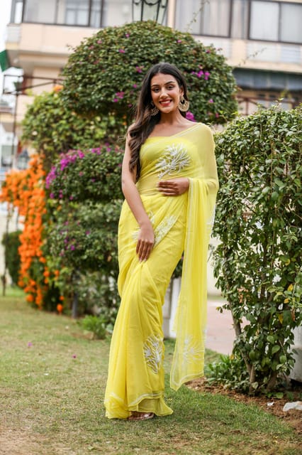 Dira By Dimple - Canary Amour (Pure Chiffon Saree with Pearls Handwork)