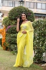 Dira By Dimple - Canary Amour (Pure Chiffon Saree with Pearls Handwork)