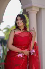 Dira By Dimple - Ruby Radiance (Handpainted Red Organza Saree)