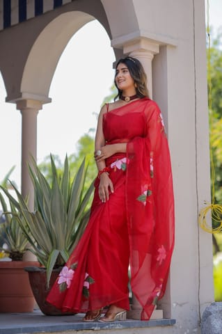 Dira By Dimple - Ruby Radiance (Handpainted Red Organza Saree)