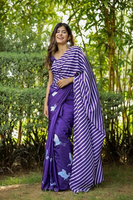 Dira By Dimple - Whimsical Twilight (Printed Satin Silk Purple Saree)