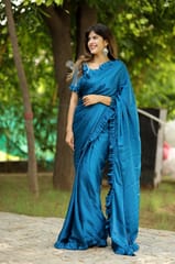 Dira By Dimple - Oceanic Breeze (Solid Satin Silk Ruffled Saree)