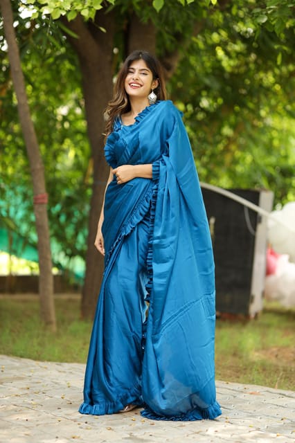 Dira By Dimple - Oceanic Breeze (Solid Satin Silk Ruffled Saree)