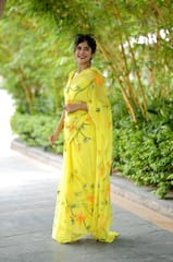 Dira By Dimple - Radiant Yellow Petals (Handpainted Chiffon Saree in Yellow)