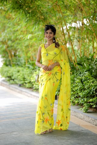 Dira By Dimple - Radiant Yellow Petals (Handpainted Chiffon Saree in Yellow)