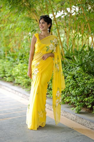 Dira By Dimple - Sunshine Symphony (Classy Yellow Handpainted Chiffon Saree)