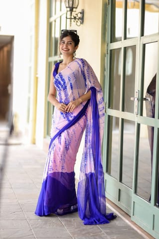 Dira By Dimple - Twilight Fusion (Lehriya Chiffon Saree in Blue and Pink)