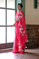 Dira By Dimple - Rosy Blossom (Handpainted Chiffon Saree in Rani Pink)