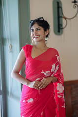 Dira By Dimple - Rosy Blossom (Handpainted Chiffon Saree in Rani Pink)