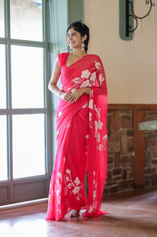 Dira By Dimple - Rosy Blossom (Handpainted Chiffon Saree in Rani Pink)