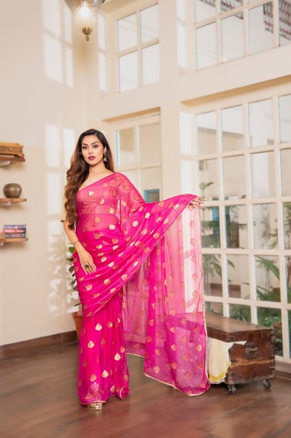 Dira By Dimple - Raspberry Radiance (Chiffon Saree with zari buttis)