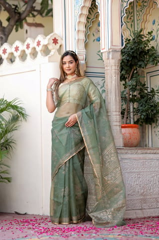 Dira By Dimple - Golden Veil Organza Saree (Foil work Organza Green and Golden Saree)